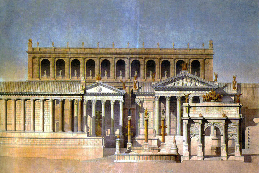 Constant Moyaux, Vue reconstituée du forum romain, des temples de Saturne, Vespasie, des rostres, de l'arc de Septim Sévère, de la Cooncorde et du Tabularium